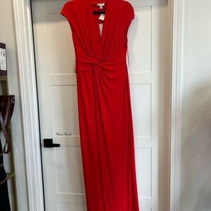 Halston Heritage Maxi Dress Waist Knot Red Cap Sleeves Formal Size S NWT